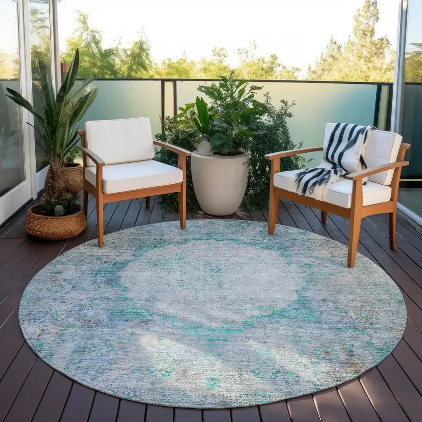 8' Teal Blue Aqua And Gray Round Oriental Washable Indoor Outdoor Area Rug Photo 6
