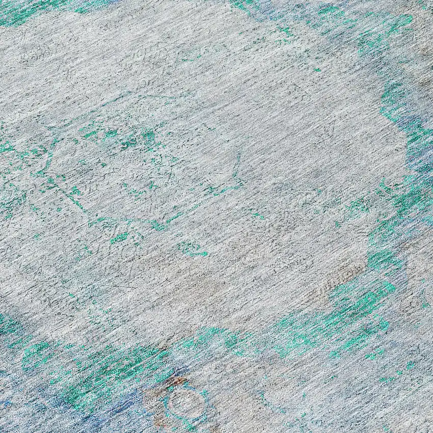 8' Teal Blue Aqua And Gray Round Oriental Washable Indoor Outdoor Area Rug Photo 8