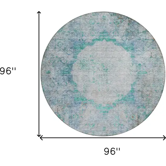 8' Teal Blue Aqua And Gray Round Oriental Washable Indoor Outdoor Area Rug Photo 3