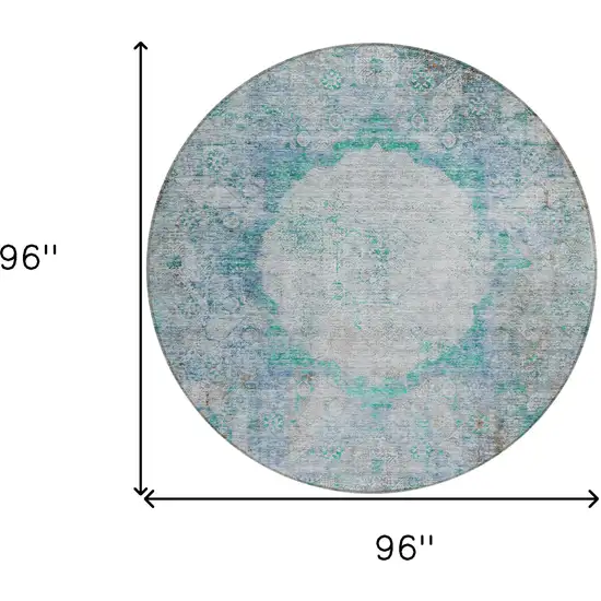 8' Teal Blue Aqua And Gray Round Oriental Washable Indoor Outdoor Area Rug Photo 3