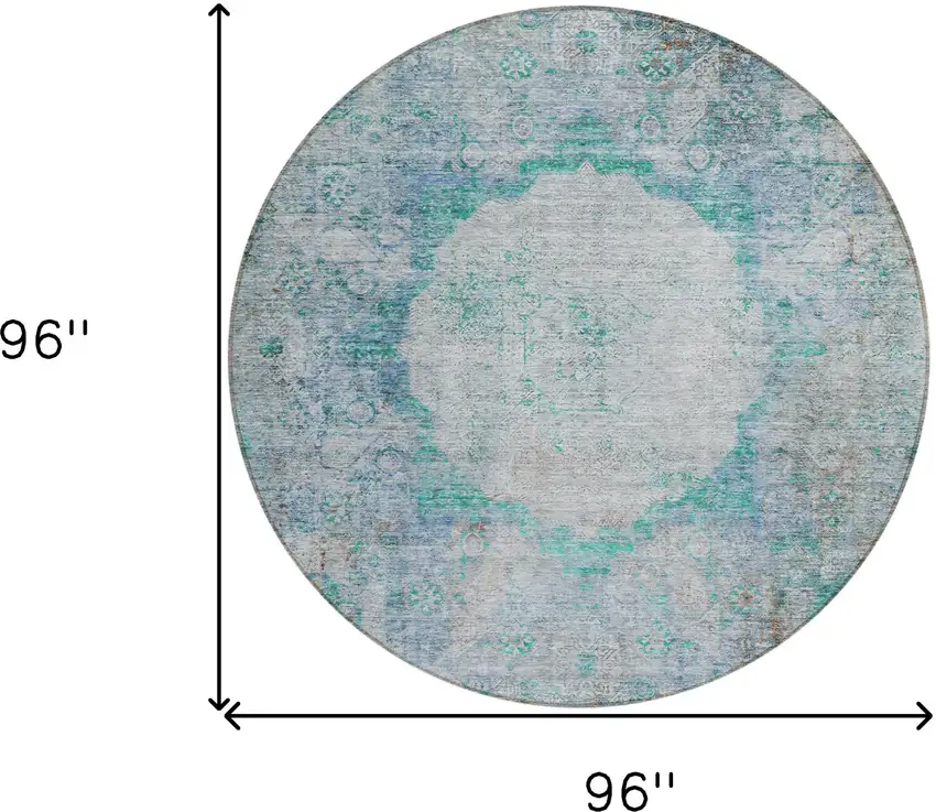 8' Teal Blue Aqua And Gray Round Oriental Washable Indoor Outdoor Area Rug Photo 3