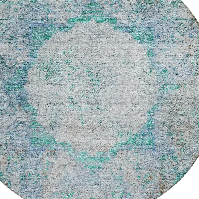8' Teal Blue Aqua And Gray Round Oriental Washable Indoor Outdoor Area Rug Photo 4