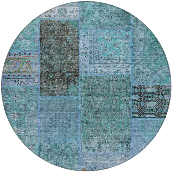 8' Teal Blue Aqua And Gray Round Patchwork Washable Indoor Outdoor Area Rug Photo 2