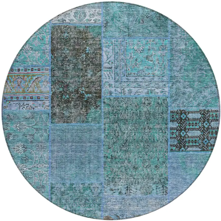 8' Teal Blue Aqua And Gray Round Patchwork Washable Indoor Outdoor Area Rug Photo 2