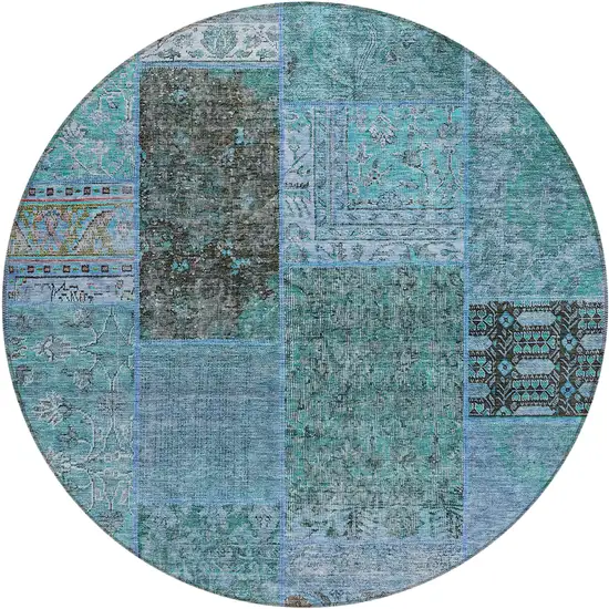 8' Teal Blue Aqua And Gray Round Patchwork Washable Indoor Outdoor Area Rug Photo 2