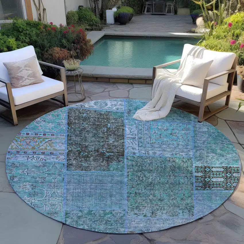 8' Teal Blue Aqua And Gray Round Patchwork Washable Indoor Outdoor Area Rug Photo 7