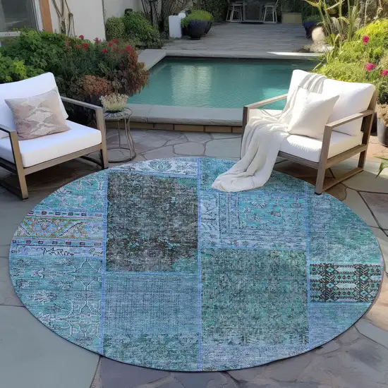 8' Teal Blue Aqua And Gray Round Patchwork Washable Indoor Outdoor Area Rug Photo 7
