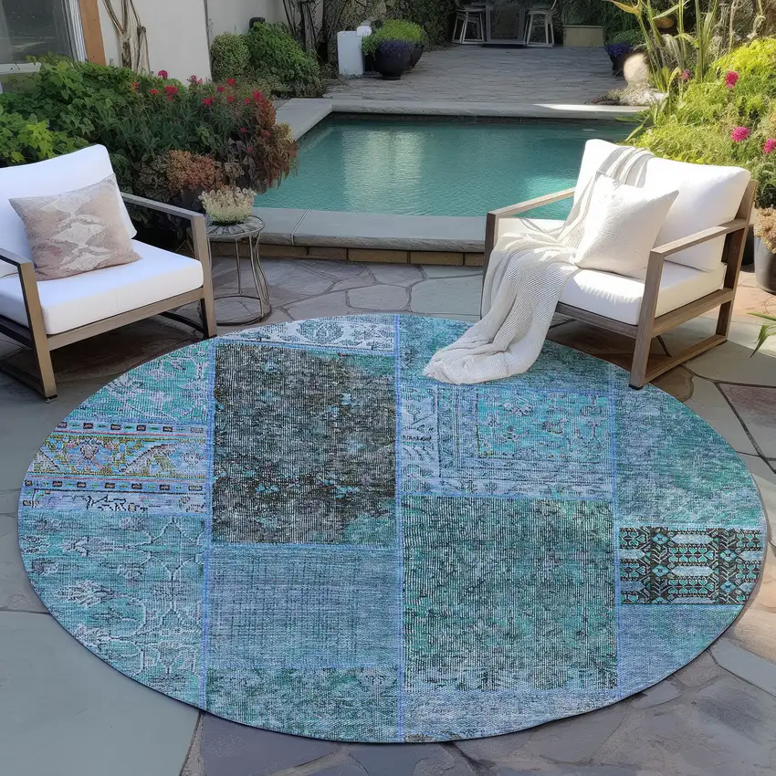 8' Teal Blue Aqua And Gray Round Patchwork Washable Indoor Outdoor Area Rug Photo 7