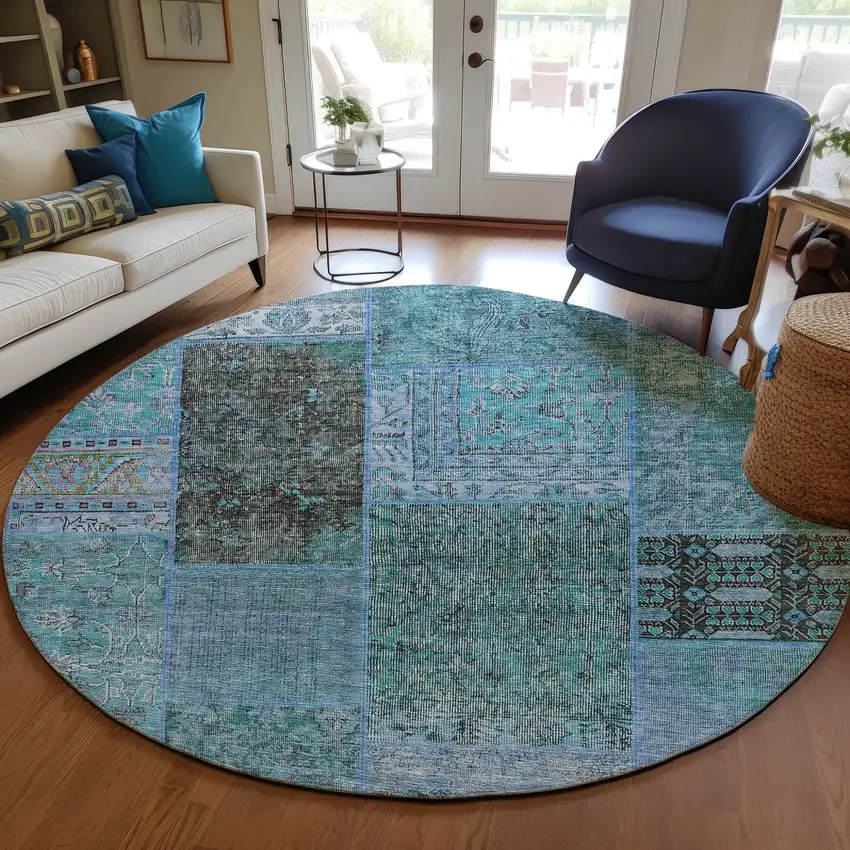 8' Teal Blue Aqua And Gray Round Patchwork Washable Indoor Outdoor Area Rug Photo 8