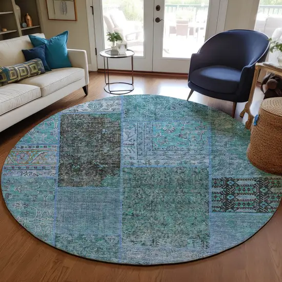 8' Teal Blue Aqua And Gray Round Patchwork Washable Indoor Outdoor Area Rug Photo 8