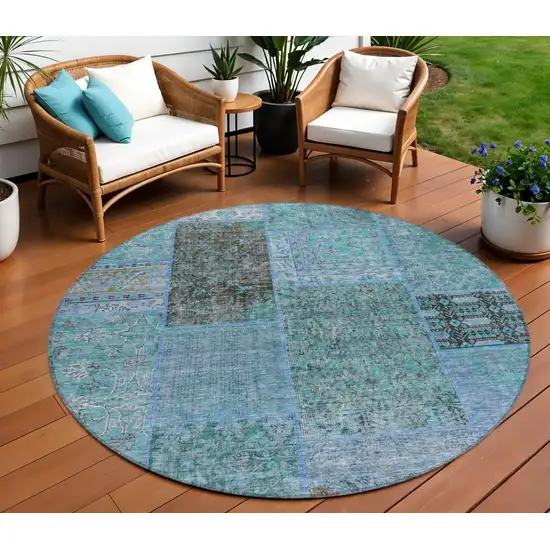 8' Teal Blue Aqua And Gray Round Patchwork Washable Indoor Outdoor Area Rug Photo 1