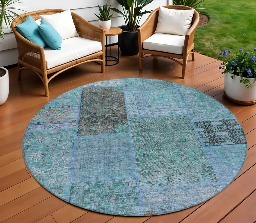 8' Teal Blue Aqua And Gray Round Patchwork Washable Indoor Outdoor Area Rug Photo 1