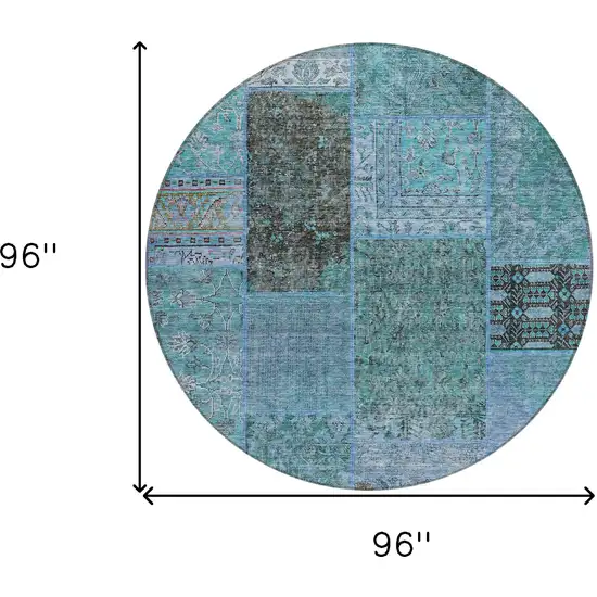 8' Teal Blue Aqua And Gray Round Patchwork Washable Indoor Outdoor Area Rug Photo 3