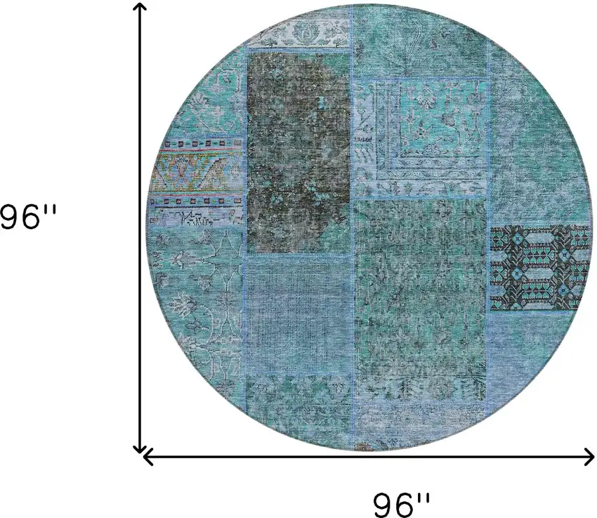 8' Teal Blue Aqua And Gray Round Patchwork Washable Indoor Outdoor Area Rug Photo 3