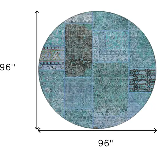 8' Teal Blue Aqua And Gray Round Patchwork Washable Indoor Outdoor Area Rug Photo 3