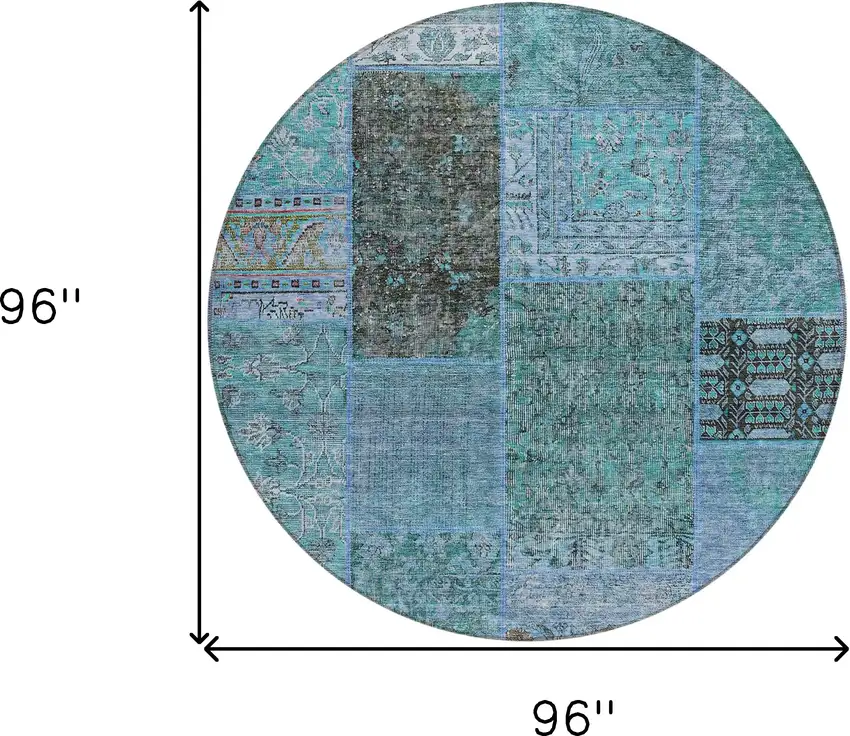 8' Teal Blue Aqua And Gray Round Patchwork Washable Indoor Outdoor Area Rug Photo 3
