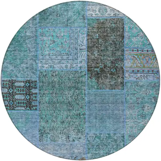 8' Teal Blue Aqua And Gray Round Patchwork Washable Indoor Outdoor Area Rug Photo 6