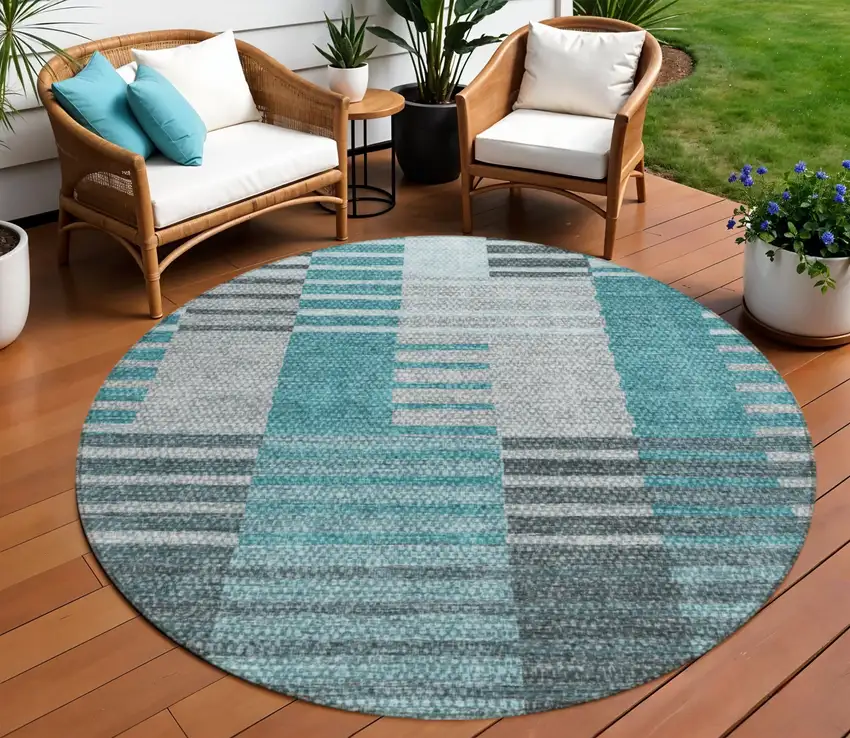 8' Teal Blue Aqua And Gray Round Striped Washable Indoor Outdoor Area Rug Photo 1