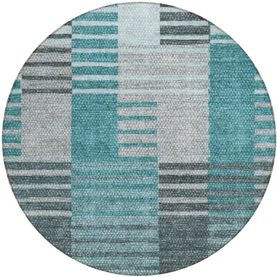 8' Teal Blue Aqua And Gray Round Striped Washable Indoor Outdoor Area Rug Photo 2