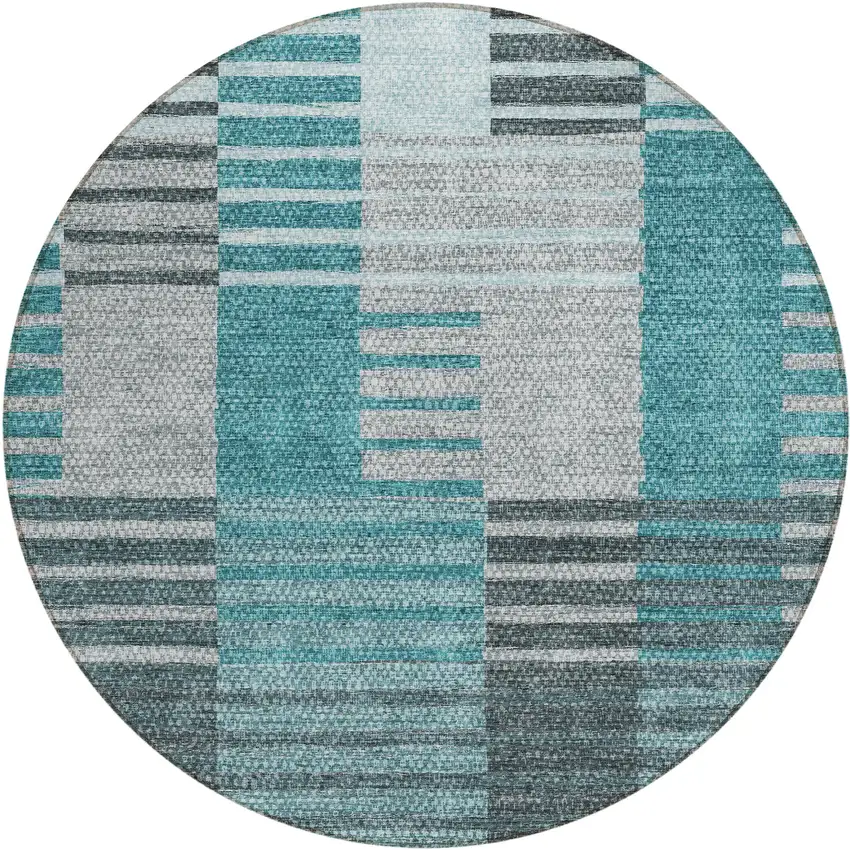 8' Teal Blue Aqua And Gray Round Striped Washable Indoor Outdoor Area Rug Photo 2