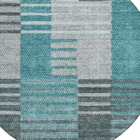 8' Teal Blue Aqua And Gray Round Striped Washable Indoor Outdoor Area Rug Photo 4