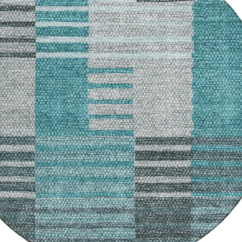 8' Teal Blue Aqua And Gray Round Striped Washable Indoor Outdoor Area Rug Photo 4