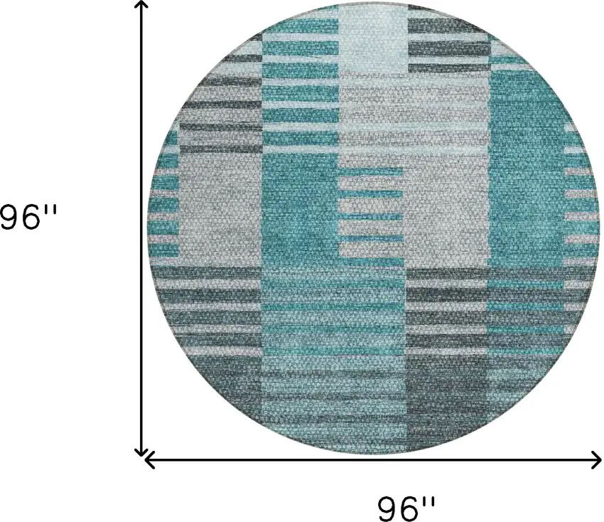 8' Teal Blue Aqua And Gray Round Striped Washable Indoor Outdoor Area Rug Photo 3