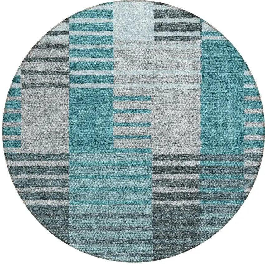 8' Teal Blue Aqua And Gray Round Striped Washable Indoor Outdoor Area Rug Photo 5