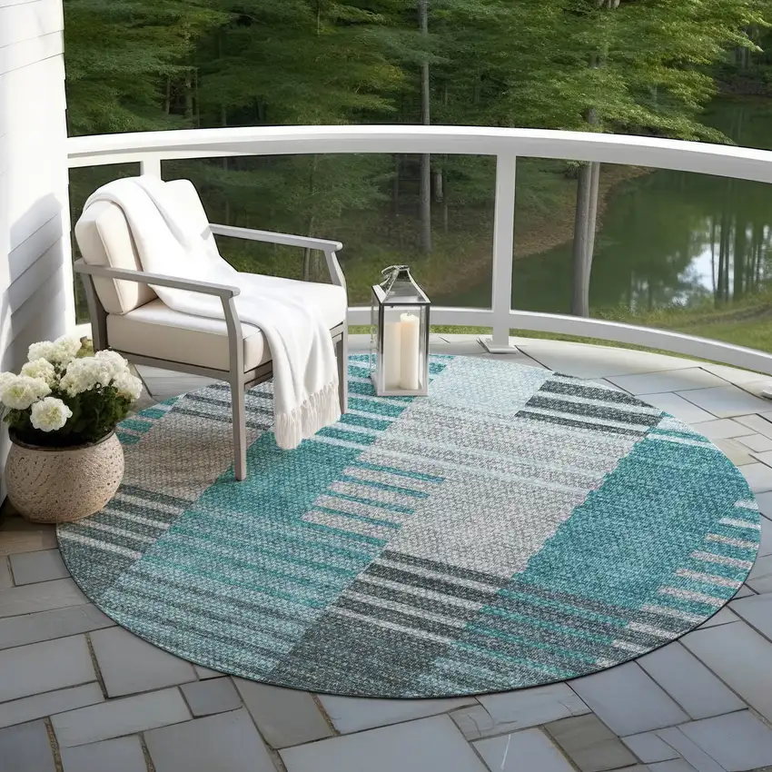 8' Teal Blue Aqua And Gray Round Striped Washable Indoor Outdoor Area Rug Photo 6