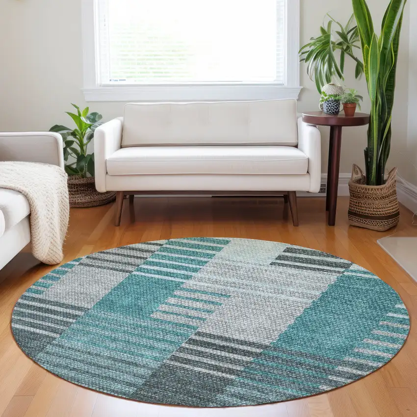 8' Teal Blue Aqua And Gray Round Striped Washable Indoor Outdoor Area Rug Photo 7