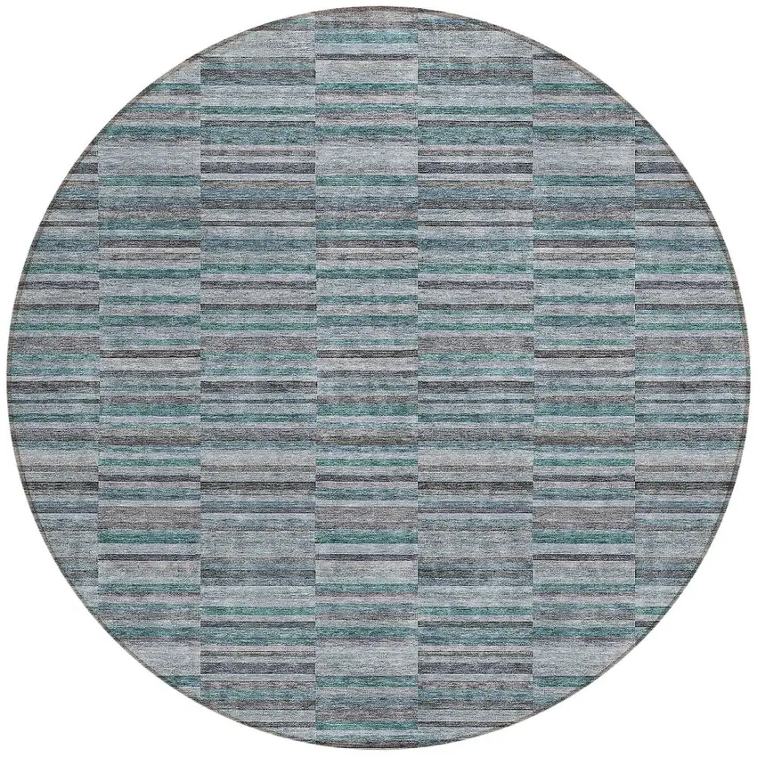 8' Teal Blue Aqua And Gray Round Striped Washable Indoor Outdoor Area Rug Photo 5