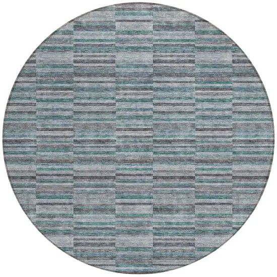 8' Teal Blue Aqua And Gray Round Striped Washable Indoor Outdoor Area Rug Photo 5