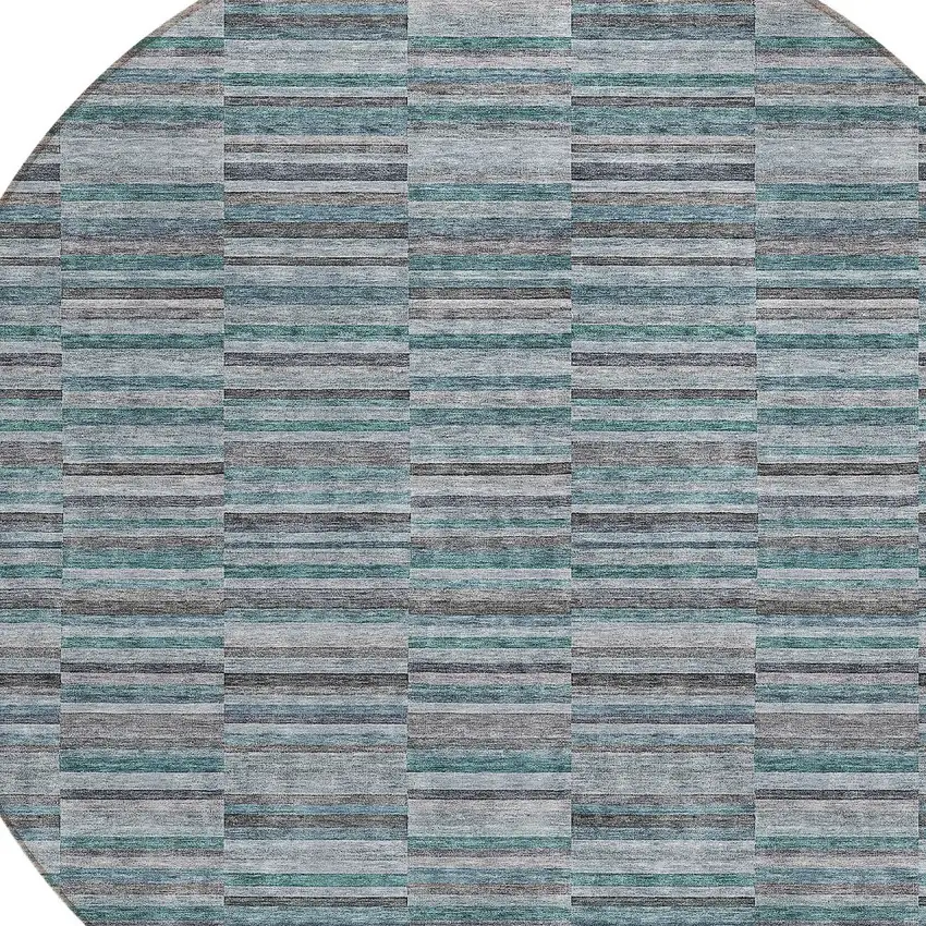 8' Teal Blue Aqua And Gray Round Striped Washable Indoor Outdoor Area Rug Photo 4