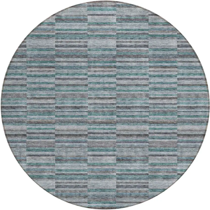 8' Teal Blue Aqua And Gray Round Striped Washable Indoor Outdoor Area Rug Photo 2