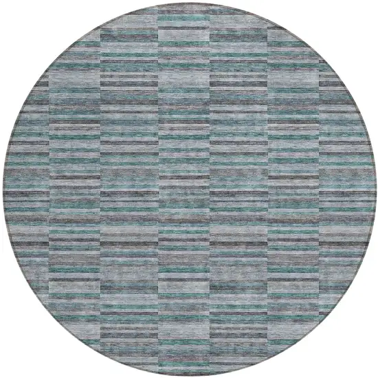 8' Teal Blue Aqua And Gray Round Striped Washable Indoor Outdoor Area Rug Photo 2