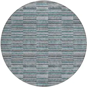 Photo of 8' Teal Blue Aqua And Gray Round Striped Washable Indoor Outdoor Area Rug