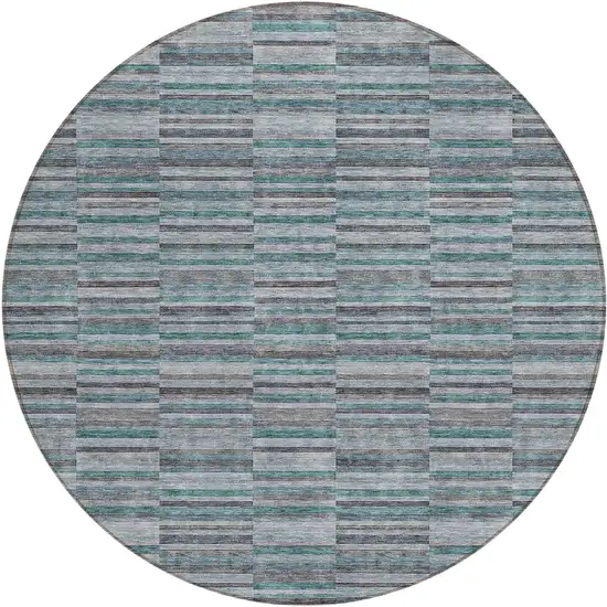 8' Teal Blue Aqua And Gray Round Striped Washable Indoor Outdoor Area Rug Photo 2