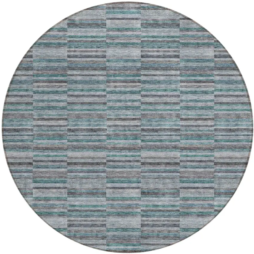 8' Teal Blue Aqua And Gray Round Striped Washable Indoor Outdoor Area Rug Photo 2