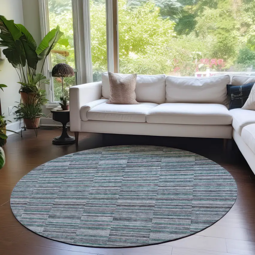 8' Teal Blue Aqua And Gray Round Striped Washable Indoor Outdoor Area Rug Photo 7