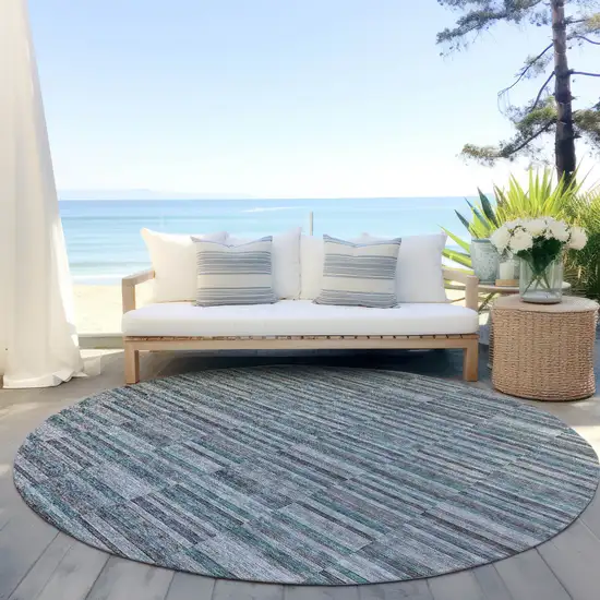 8' Teal Blue Aqua And Gray Round Striped Washable Indoor Outdoor Area Rug Photo 6