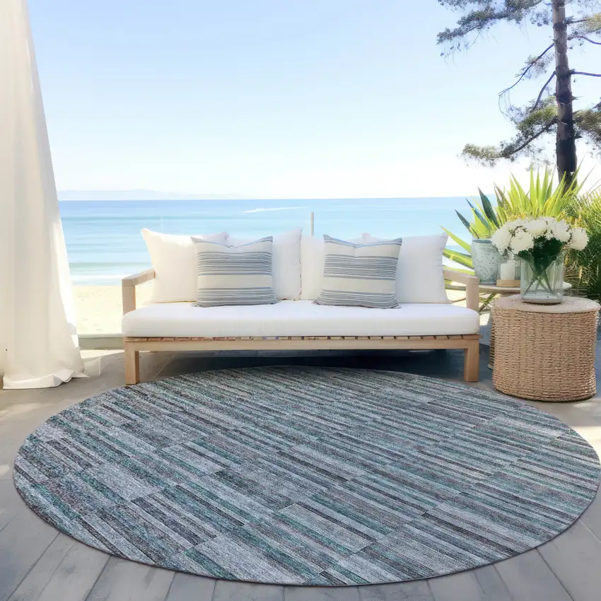 8' Teal Blue Aqua And Gray Round Striped Washable Indoor Outdoor Area Rug Photo 6