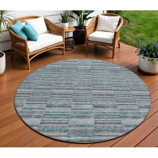 8' Teal Blue Aqua And Gray Round Striped Washable Indoor Outdoor Area Rug Photo 1