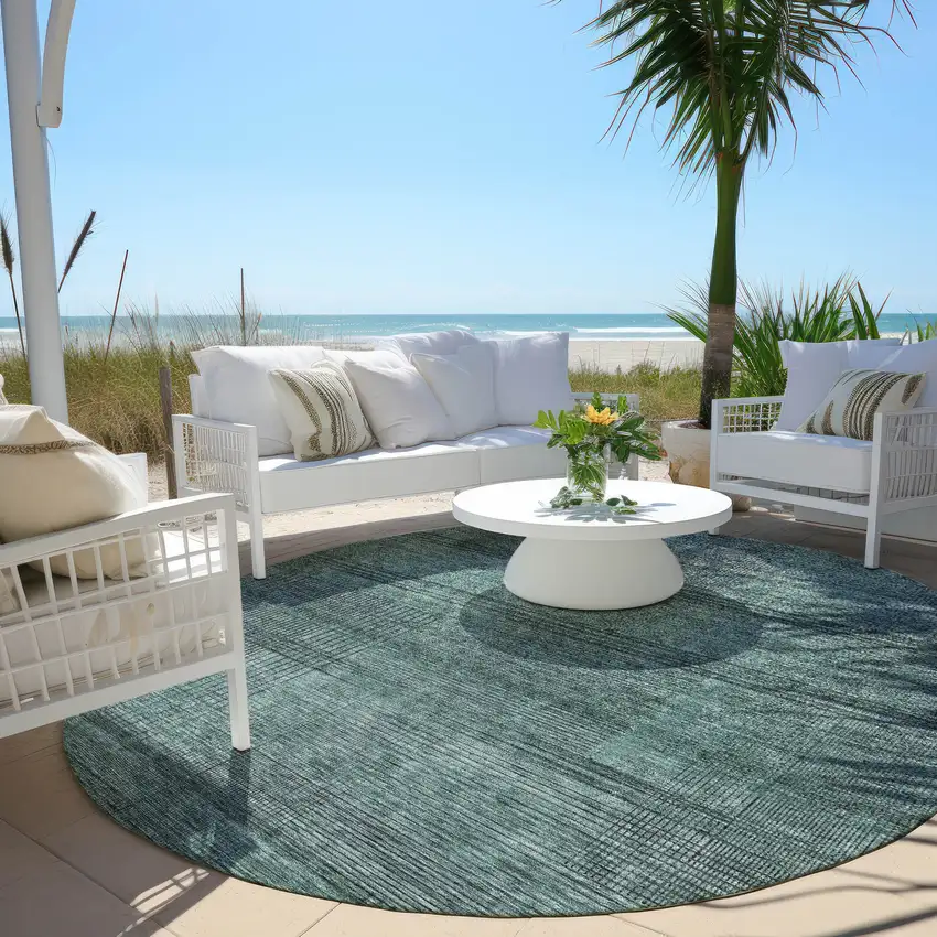 8' Teal Blue Aqua And Gray Round Striped Washable Indoor Outdoor Area Rug Photo 6
