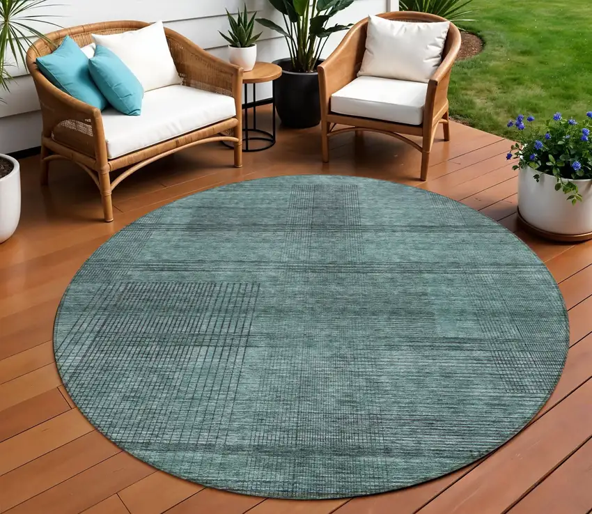 8' Teal Blue Aqua And Gray Round Striped Washable Indoor Outdoor Area Rug Photo 1