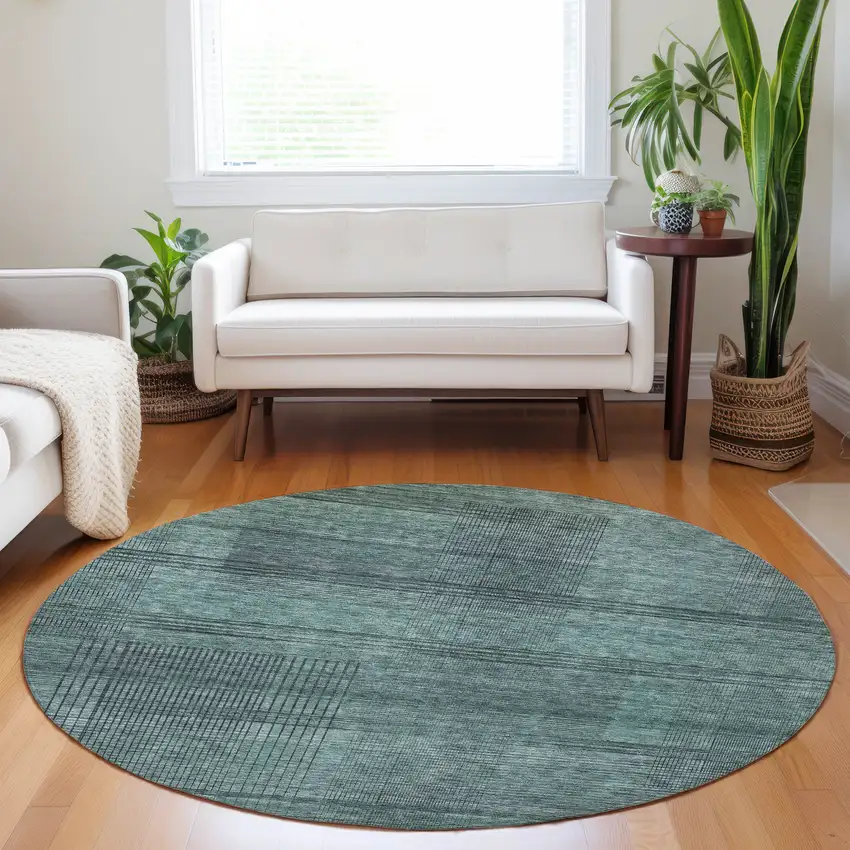 8' Teal Blue Aqua And Gray Round Striped Washable Indoor Outdoor Area Rug Photo 7