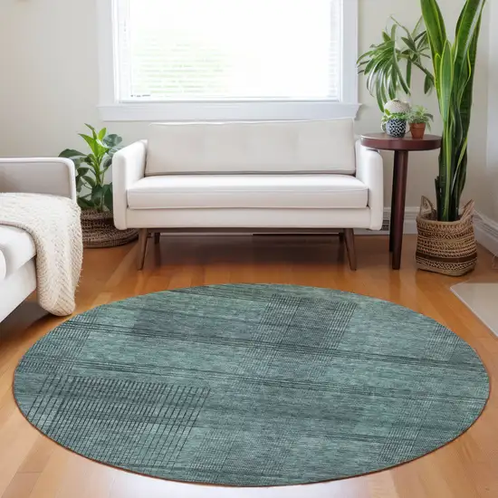 8' Teal Blue Aqua And Gray Round Striped Washable Indoor Outdoor Area Rug Photo 7