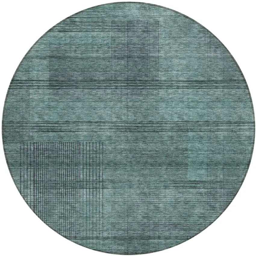 8' Teal Blue Aqua And Gray Round Striped Washable Indoor Outdoor Area Rug Photo 2