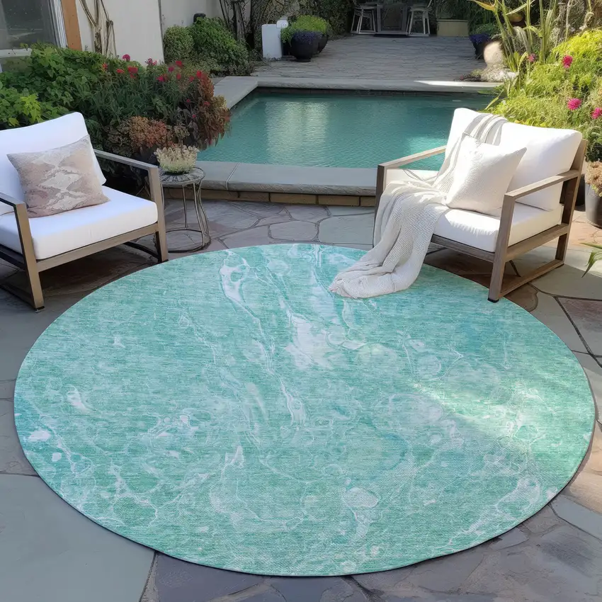 8' Teal Blue Aqua And Green Round Abstract Washable Indoor Outdoor Area Rug Photo 6