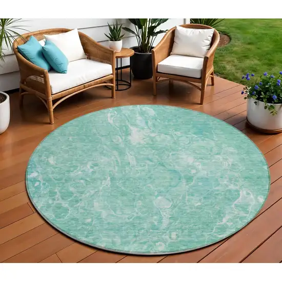 8' Teal Blue Aqua And Green Round Abstract Washable Indoor Outdoor Area Rug Photo 1