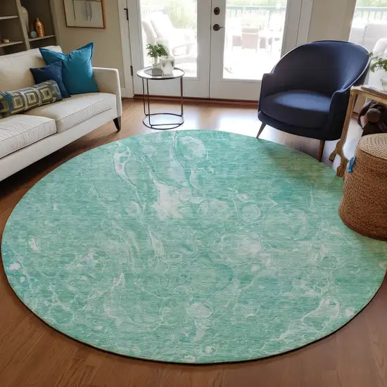 8' Teal Blue Aqua And Green Round Abstract Washable Indoor Outdoor Area Rug Photo 7